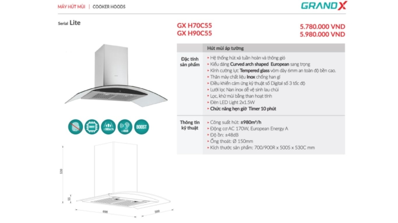 Máy hút mùi kính cong GrandX GX H70C55