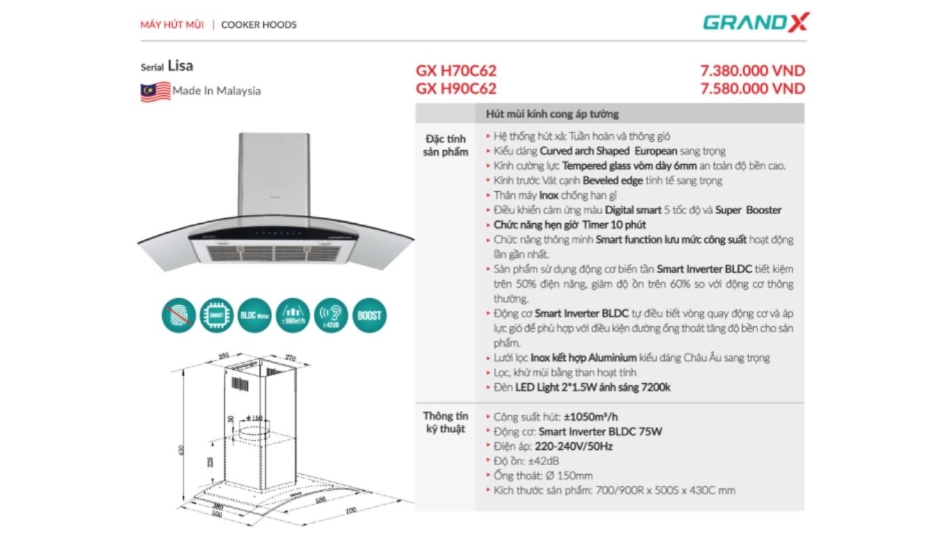 Máy hút mùi kính cong GX H70C62