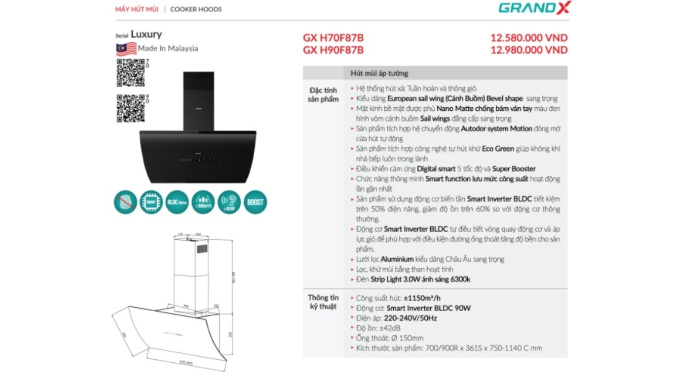 Máy hút mùi áp tường GrandX GX H70F87B