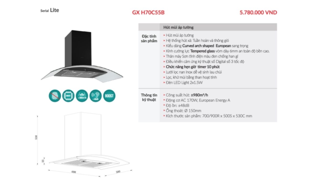 Máy hút mùi kính cong GrandX GX H70C55B