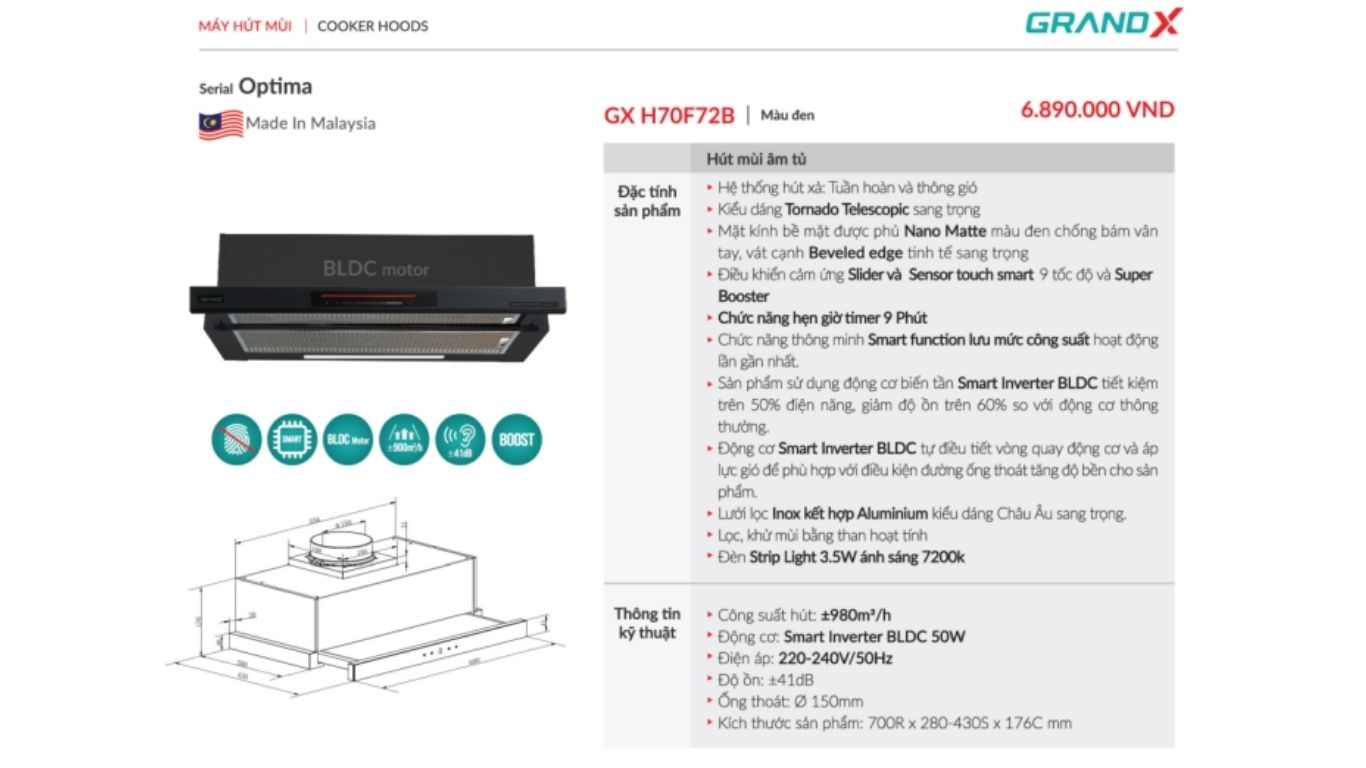 Máy hút mùi âm tủ GrandX GX H70F72B