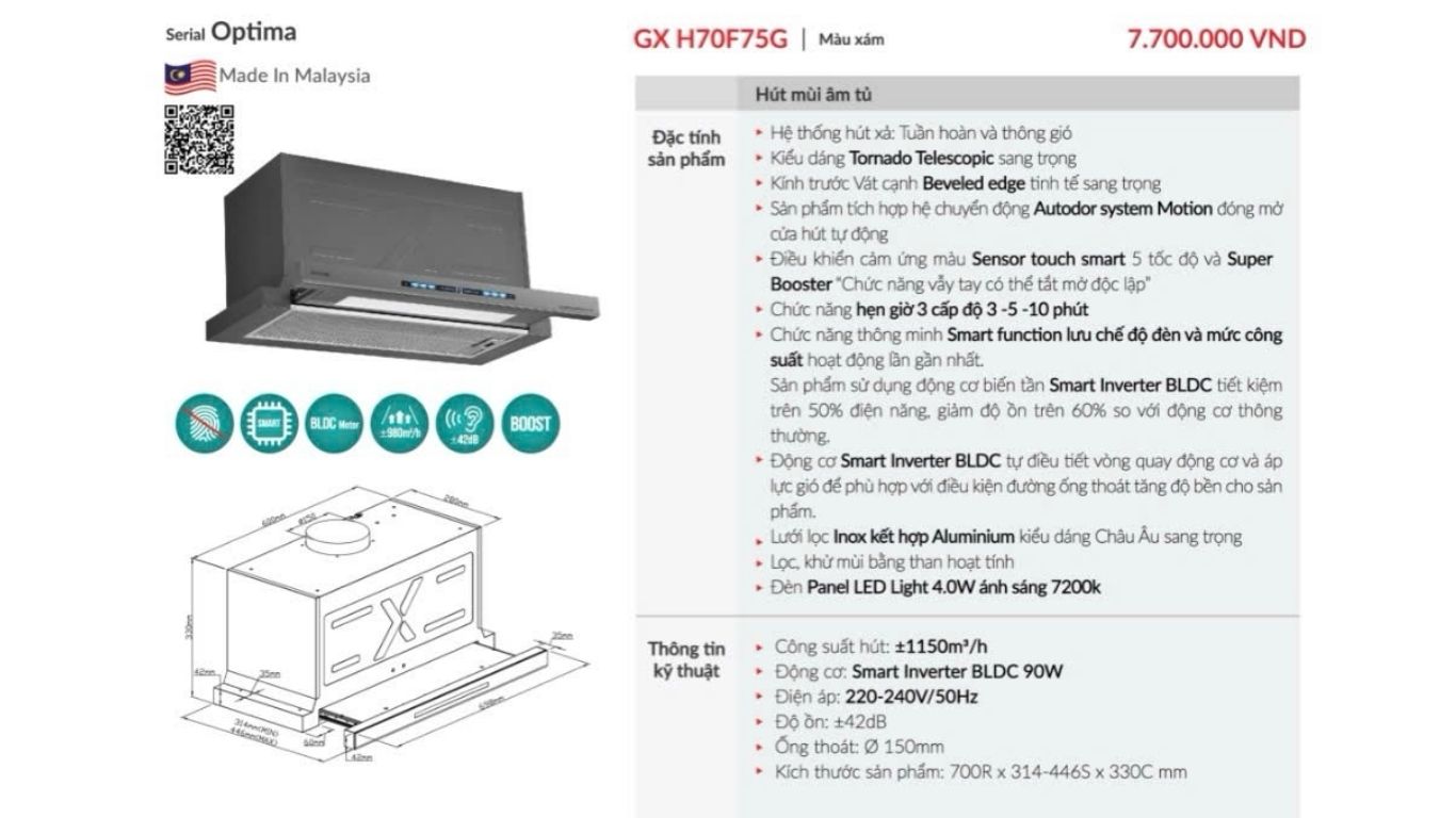 Máy hút mùi âm tủ GrandX GX H70F75G