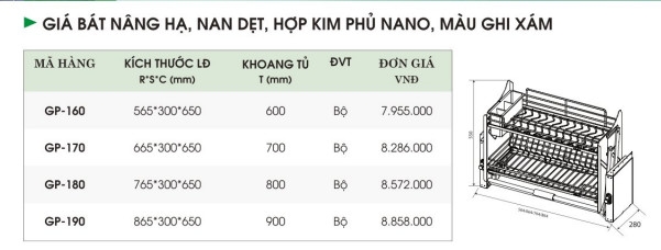 Giá Bát Nâng Hạ, Nan Dẹt, Phủ Nano, Màu Ghi Xám