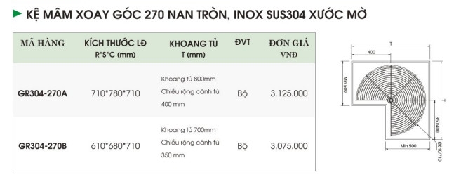 Kệ Mâm Xoay Góc 270 Nan Tròn, Inox SUS304 Xước Mờ