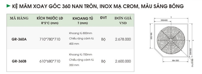 Kệ Mâm Xoay Góc 360 Nan Tròn, Inox Mạ Crom, Inox Bóng