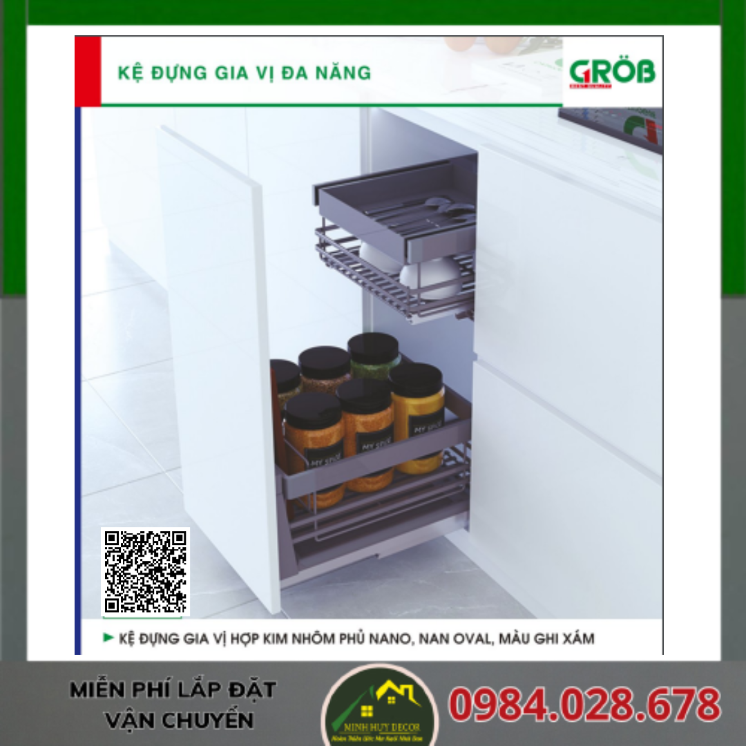 Kệ Đựng Gia Vị Hợp Kim Nhôm Phủ Nano, Nan Oval Màu Ghi Xám