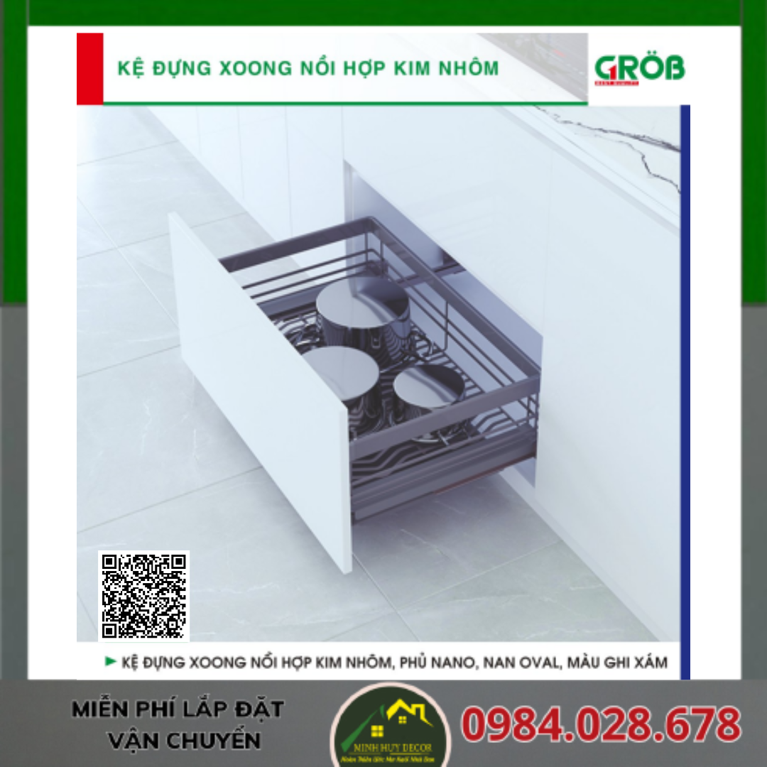 Kệ Đựng Xoang Nồi, Hợp Kim Nhôm, Phủ Nano, Nan Oval, Màu Ghi Xám