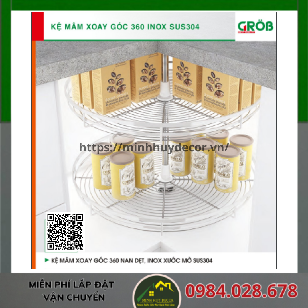 Kệ Mâm Xoay Góc 360 Nan Dẹt, Inox Xước Mờ SUS304
