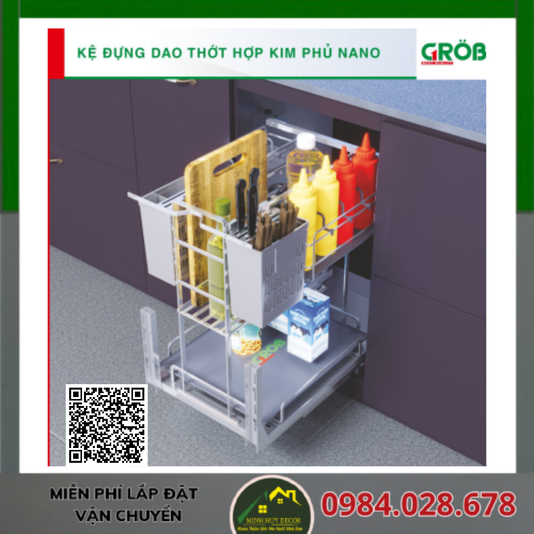 Kệ đựng dao thớt, chai lọ nan oval hợp kim phủ nano, màu ghi xám