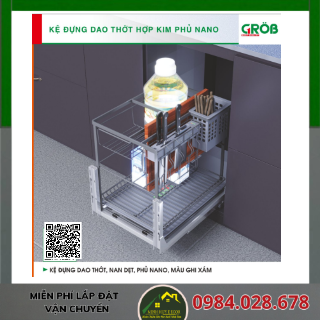 Kệ Đựng Dao Thớt, Nan Dẹt, Phủ Nano, Màu Ghi Xám