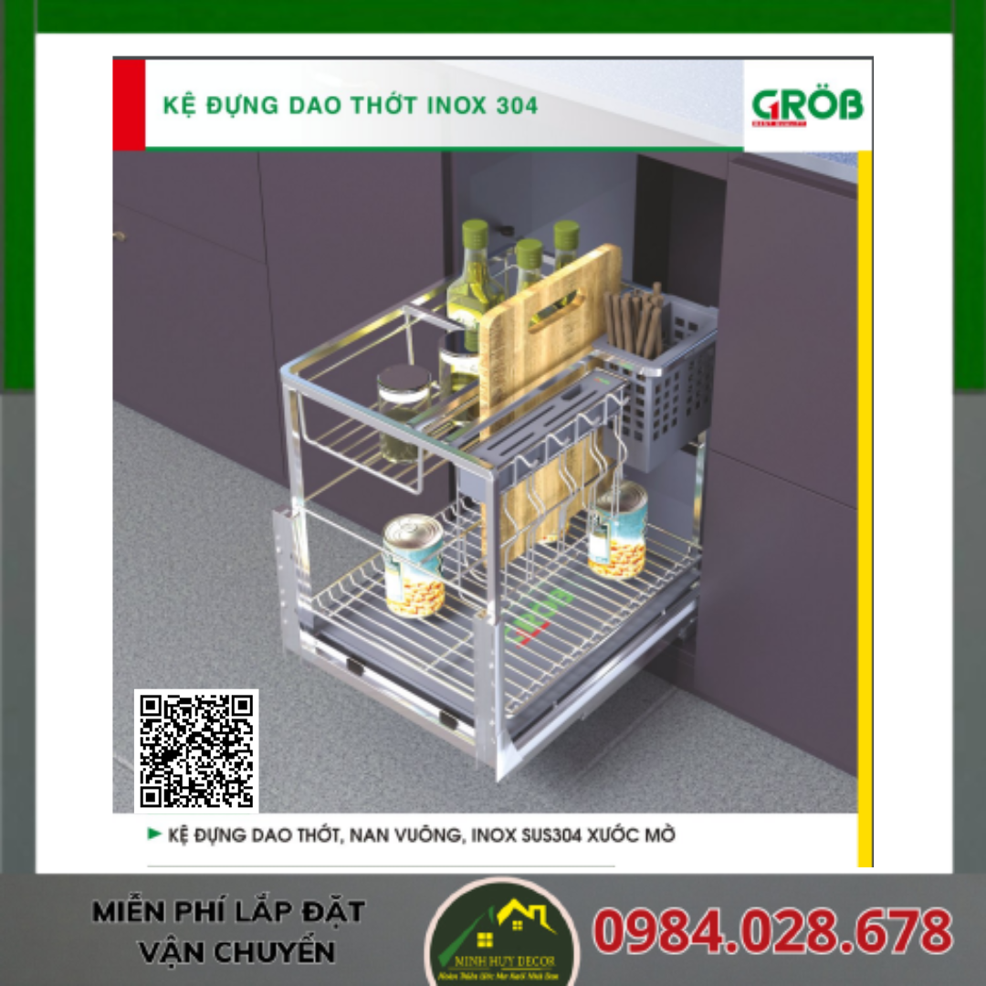 Kệ Đựng Dao Thớt, Nan Vuông, Inox SUS304 Xước Mờ