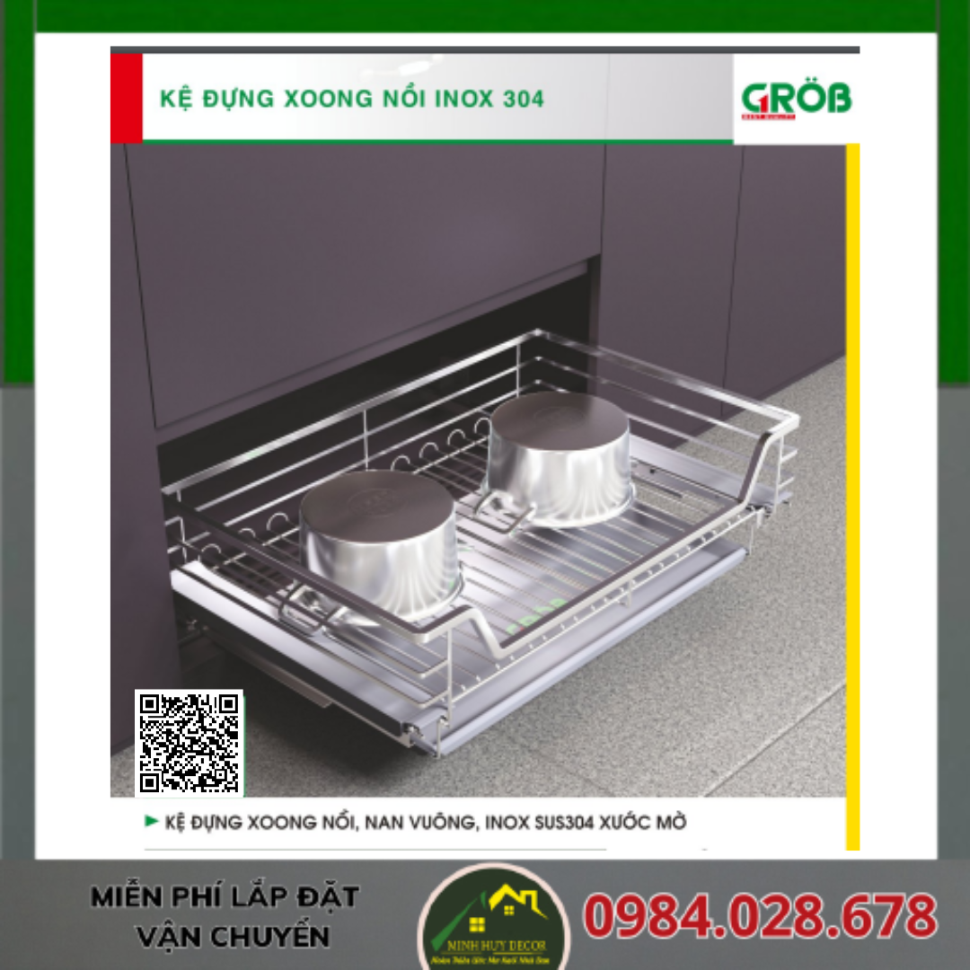 Kệ Đựng Xoang Nồi, Nan Vuông, Inox SUS304 Xước Mờ