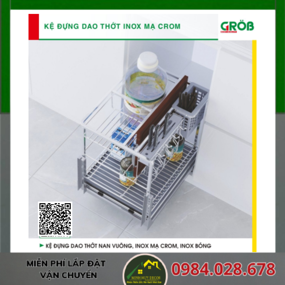 Kệ Đựng Dao Thớt, Nan Vuông, Inox Mạ Crom, Inox Bóng