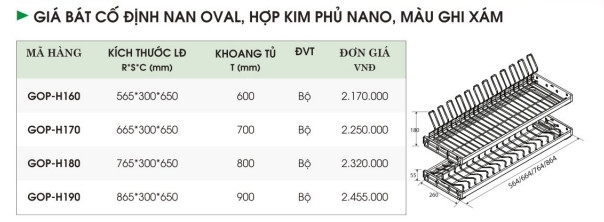 Giá bát cố định nan oval, hợp kim phủ nano màu ghi xám