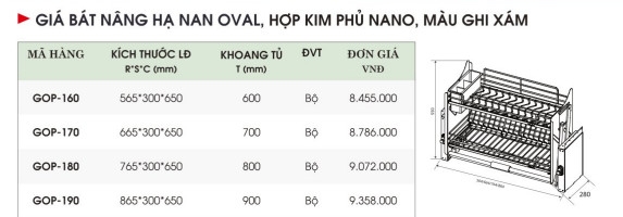 Giá bát nâng hạ nan oval, hợp kim phủ nano màu ghi xám